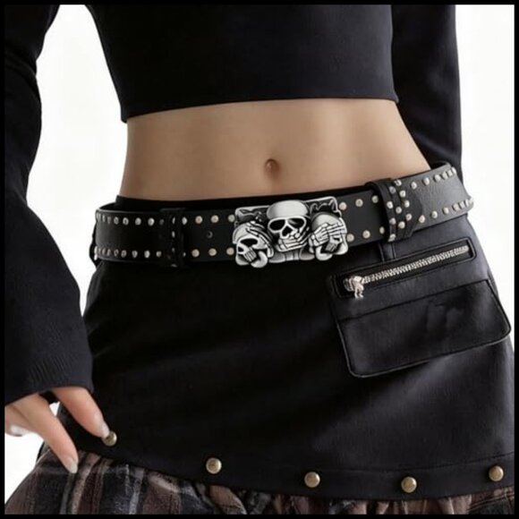 Skull Head Leather Buckle Belt Gothic Punk Waist Band Skeleton Metal Buckle - Picture 5 of 7